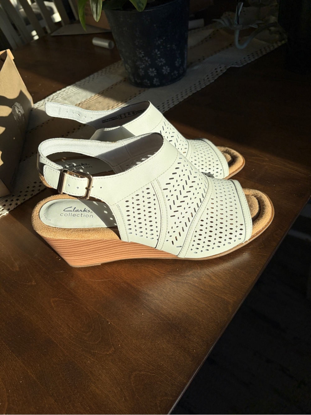 Clarks white Perforated Slingback Wedge Sandals